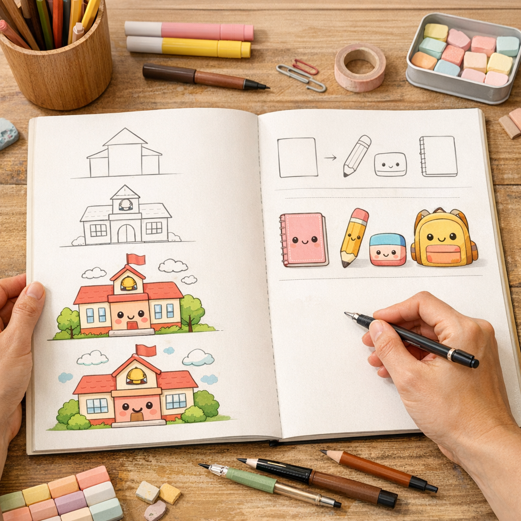 Étapes pas à pas pour dessiner une école kawaii et ses fournitures