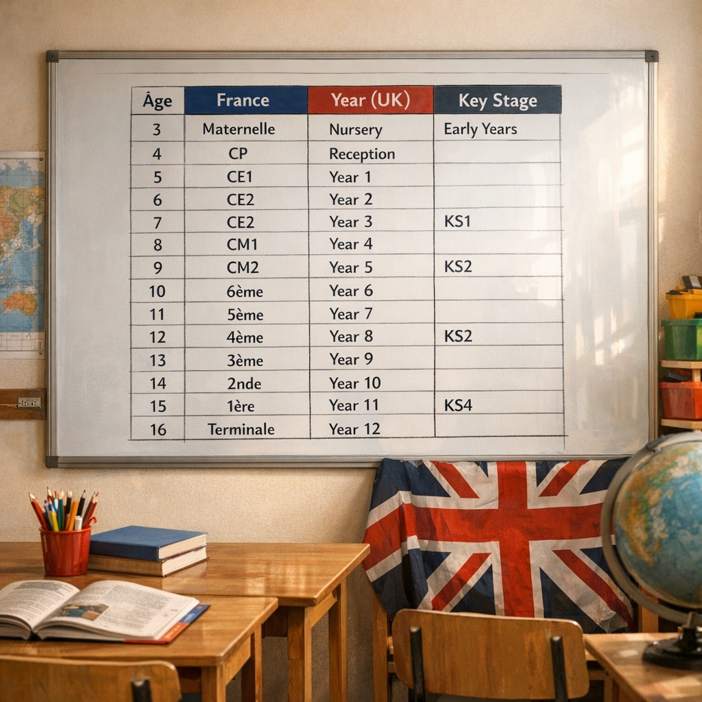 France / Angleterre : le tableau de correspondance par âge, Year et Key Stage