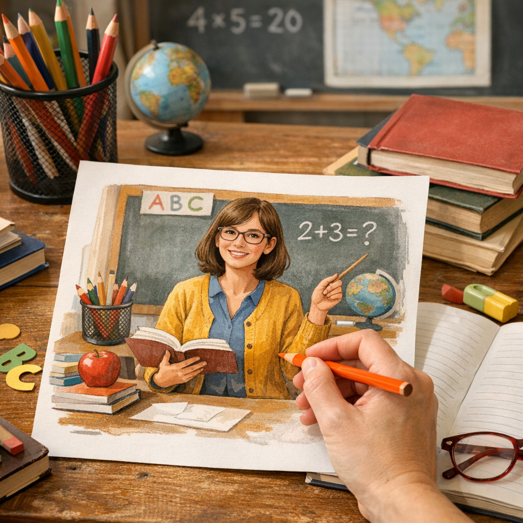 Quels éléments ajouter pour que le dessin ressemble vraiment à une maîtresse d'école ?