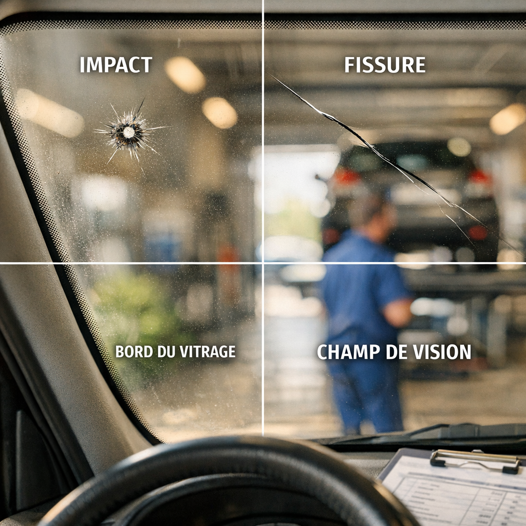 La grille de décision visuelle : impact, fissure, bord du vitrage, champ de vision