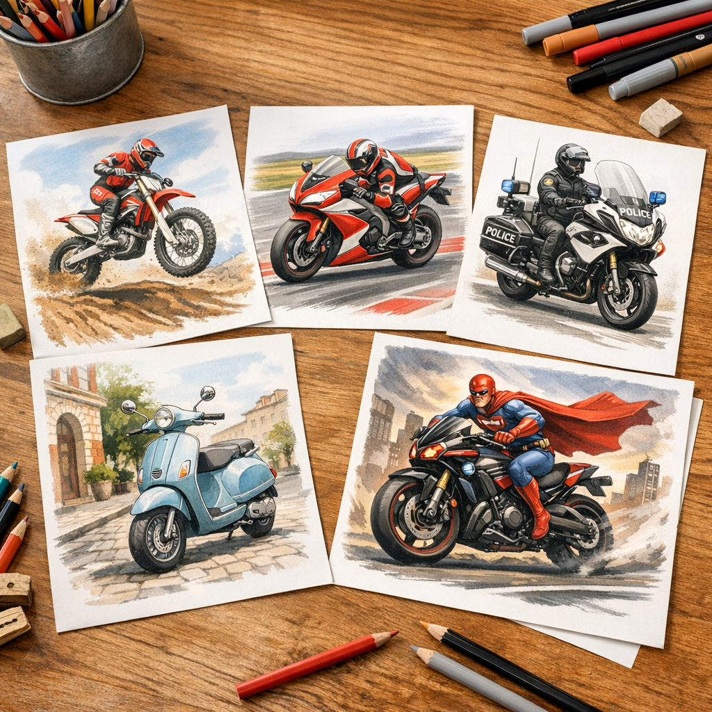 Les styles de dessins moto les plus recherchés : cross, course, police, scooter et super-héros