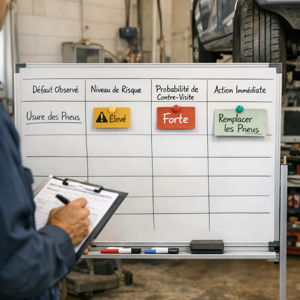 Le tableau utile avant rendez-vous : défaut observé, niveau de risque, probabilité de contre-visite, action immédiate