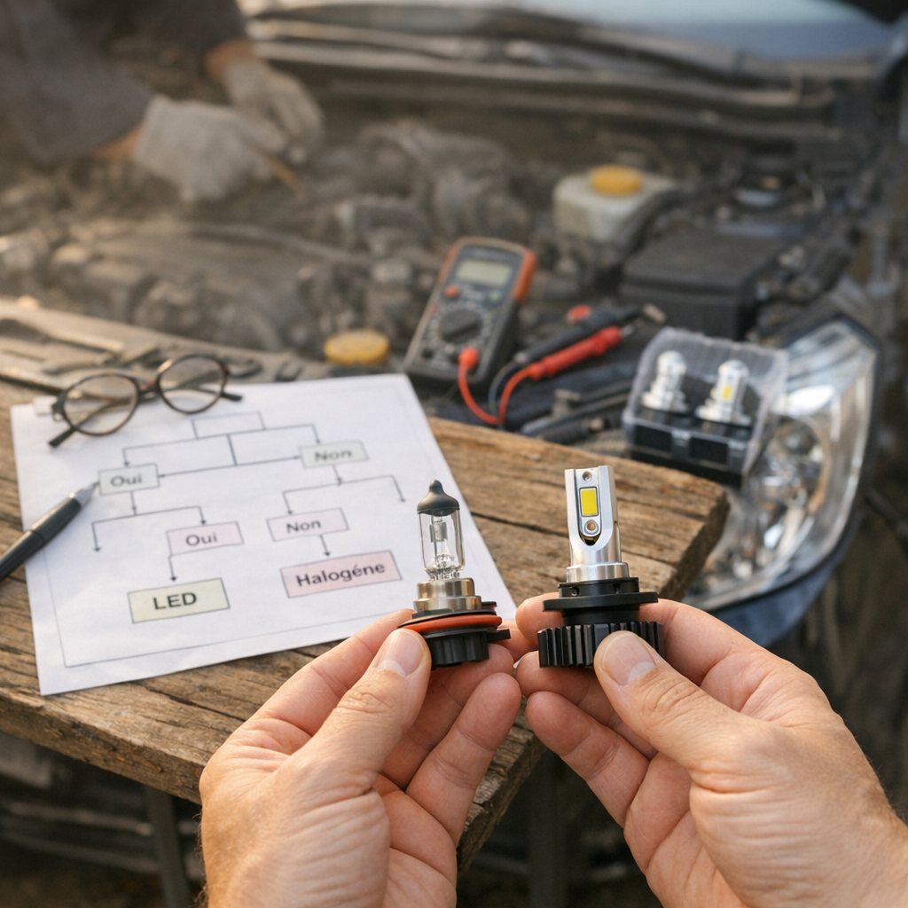 Peut-on remplacer une ampoule halogène par une LED sur une voiture sans se mettre en difficulté ? Le mini arbre de décis