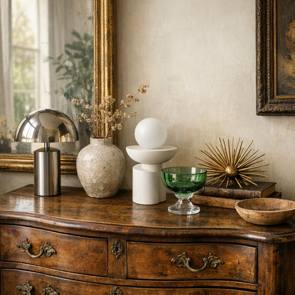 Les meilleures associations entre objet design et meuble ancien : bois, métal, céramique, verre