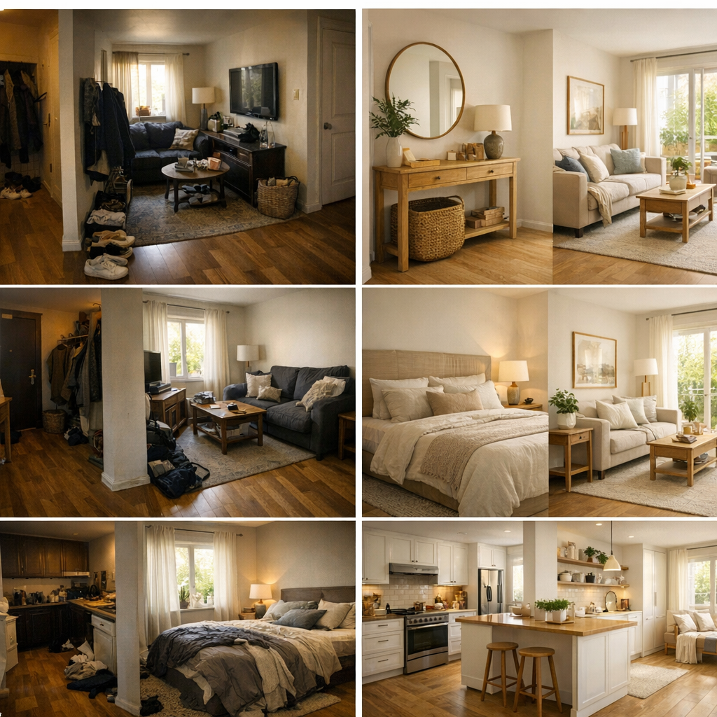 Avant après pièce par pièce : entrée, salon, chambre et cuisine