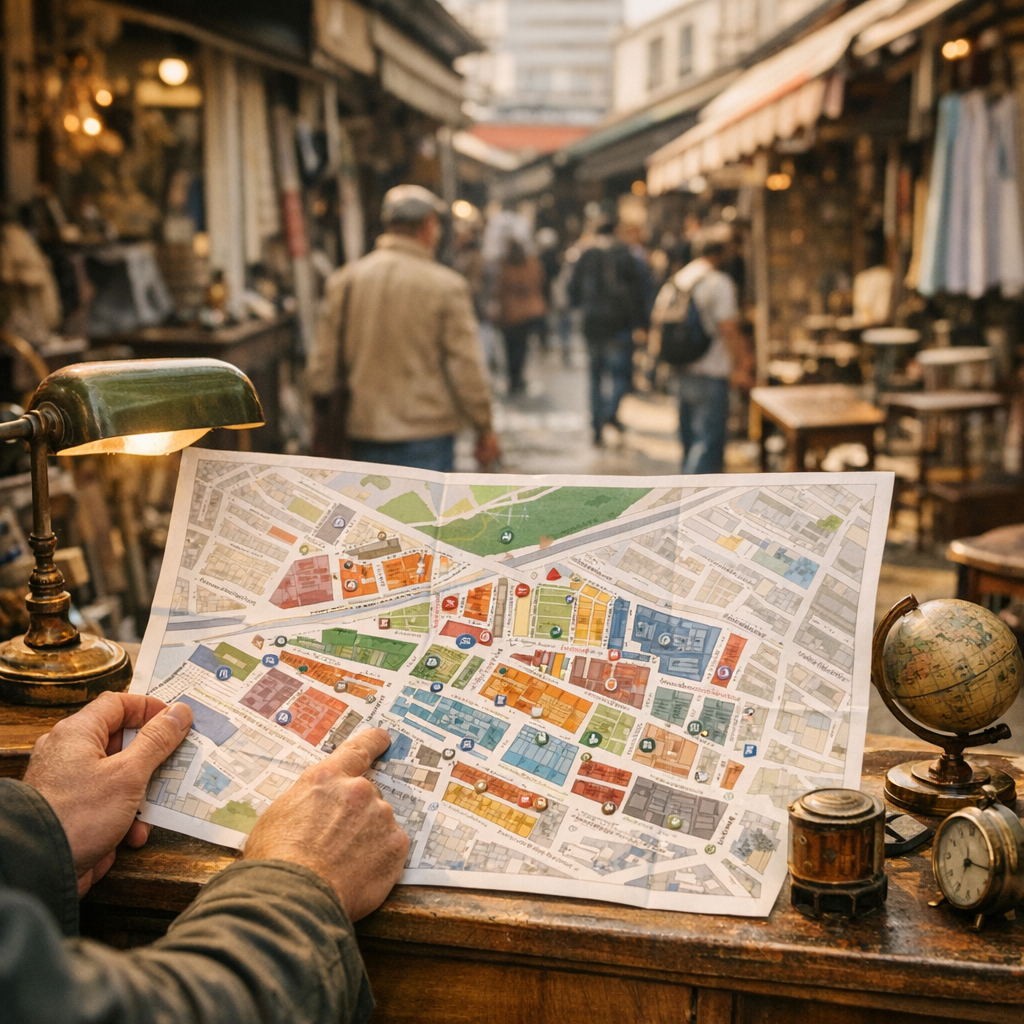 Les différents marchés à repérer sur le plan des Puces