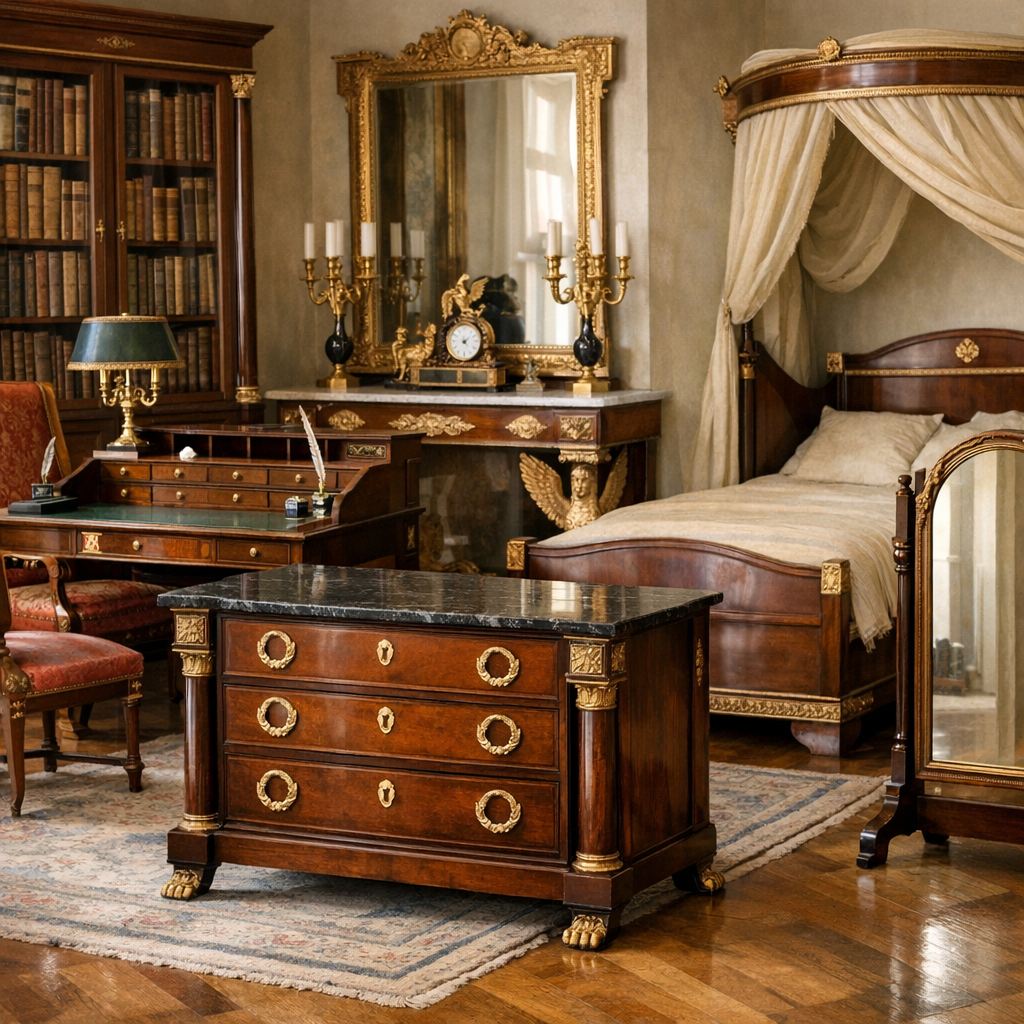 Les meubles typiques Empire et leurs matériaux : commodes, consoles, bureaux, psychés, lits, bibliothèques