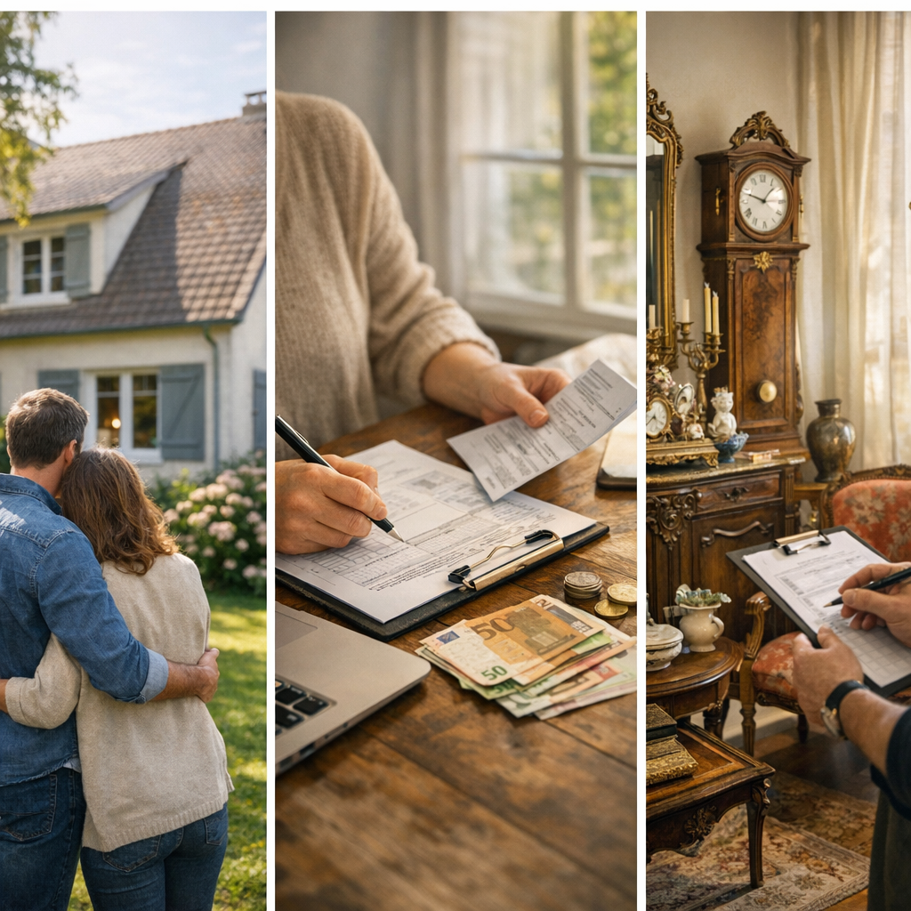 Trois simulations 2021 par cas réels : maison de famille, compte bancaire seul, et succession avec mobilier ancien à est