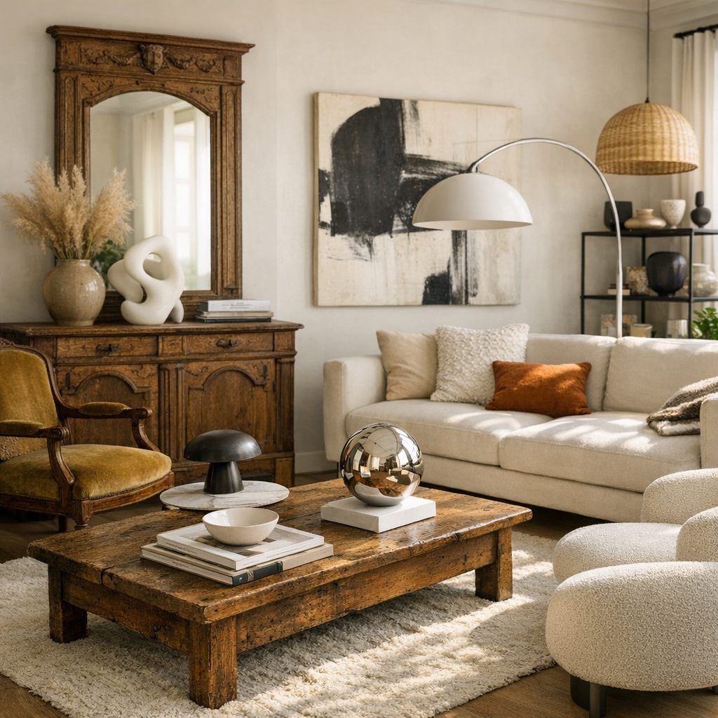Associer meubles anciens, déco contemporaine et accessoires design dans un salon vivant