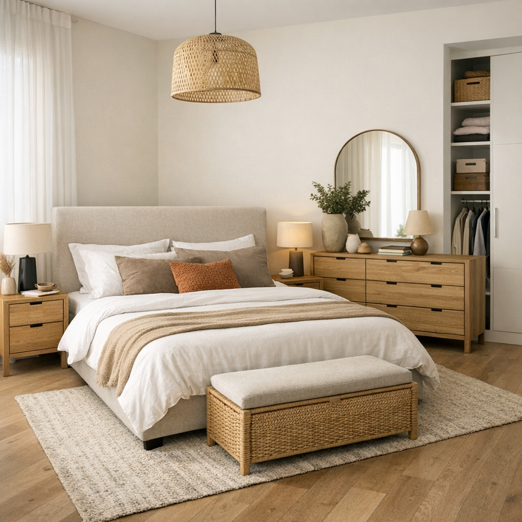Composer une chambre adulte moderne avec le bon mobilier : lit, chevets, commode et rangements