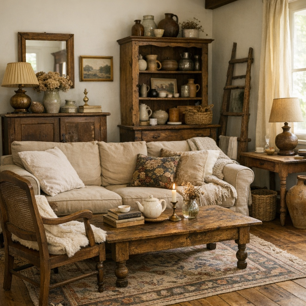 Faire un salon cosy avec des meubles anciens et des objets chinés