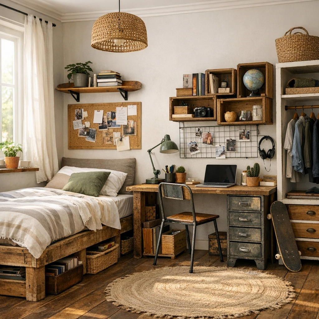 Quel mobilier choisir pour une chambre ado sans l’encombrer ? Le trio lit, rangements, bureau revisité par le réemploi