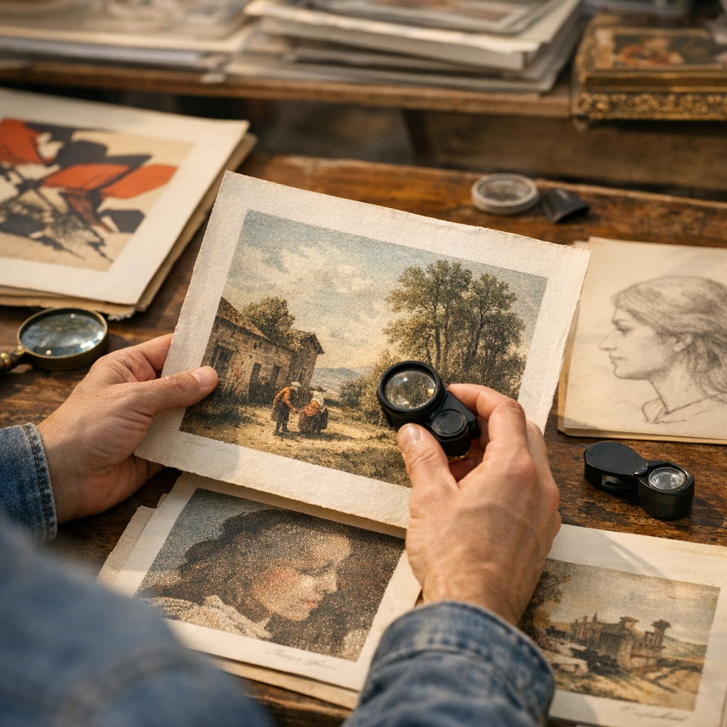 Reconnaître une vraie lithographie en brocante : checklist visuelle, erreurs fréquentes et différence avec sérigraphie, 