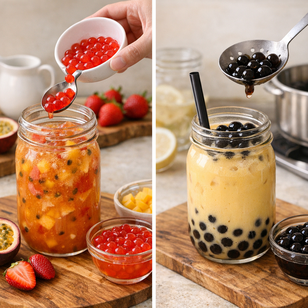 Recette pas à pas : comment faire un bubble tea fruit avec des perles de fruit, puis avec des perles de tapioca