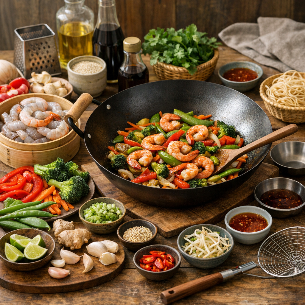 Les bons ingrédients et les bons ustensiles pour un wok de crevettes aux légumes réussi