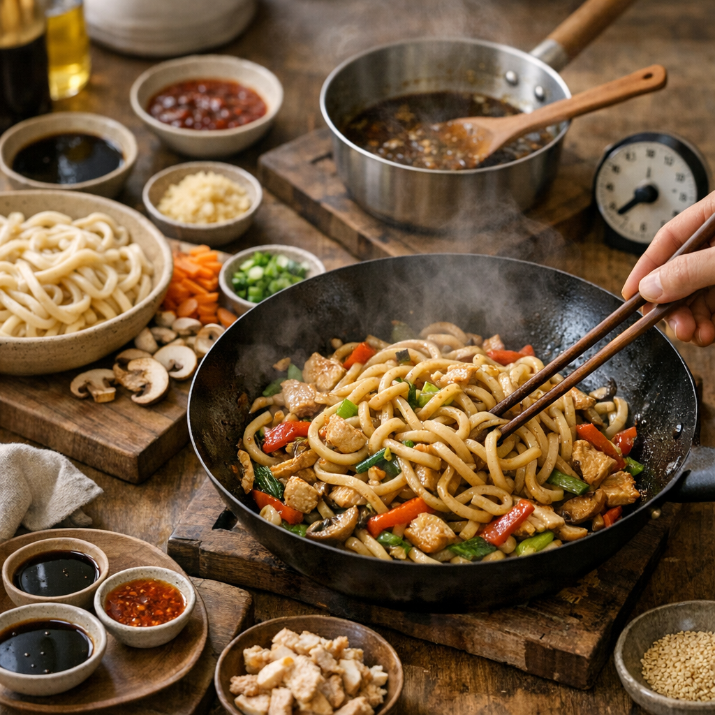 Recette complète de nouilles udon sautées : étapes, sauce et temps de cuisson