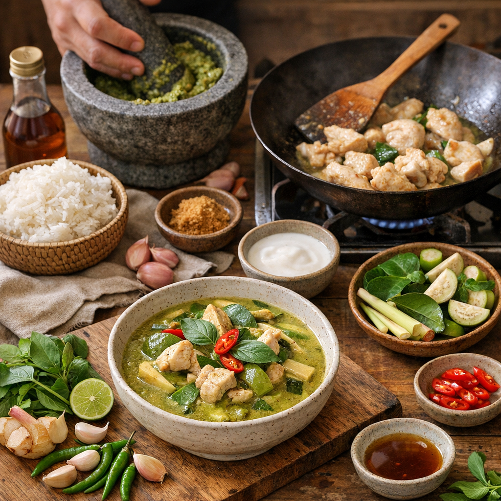 La méthode pas à pas pour un curry vert poulet comme en Thaïlande