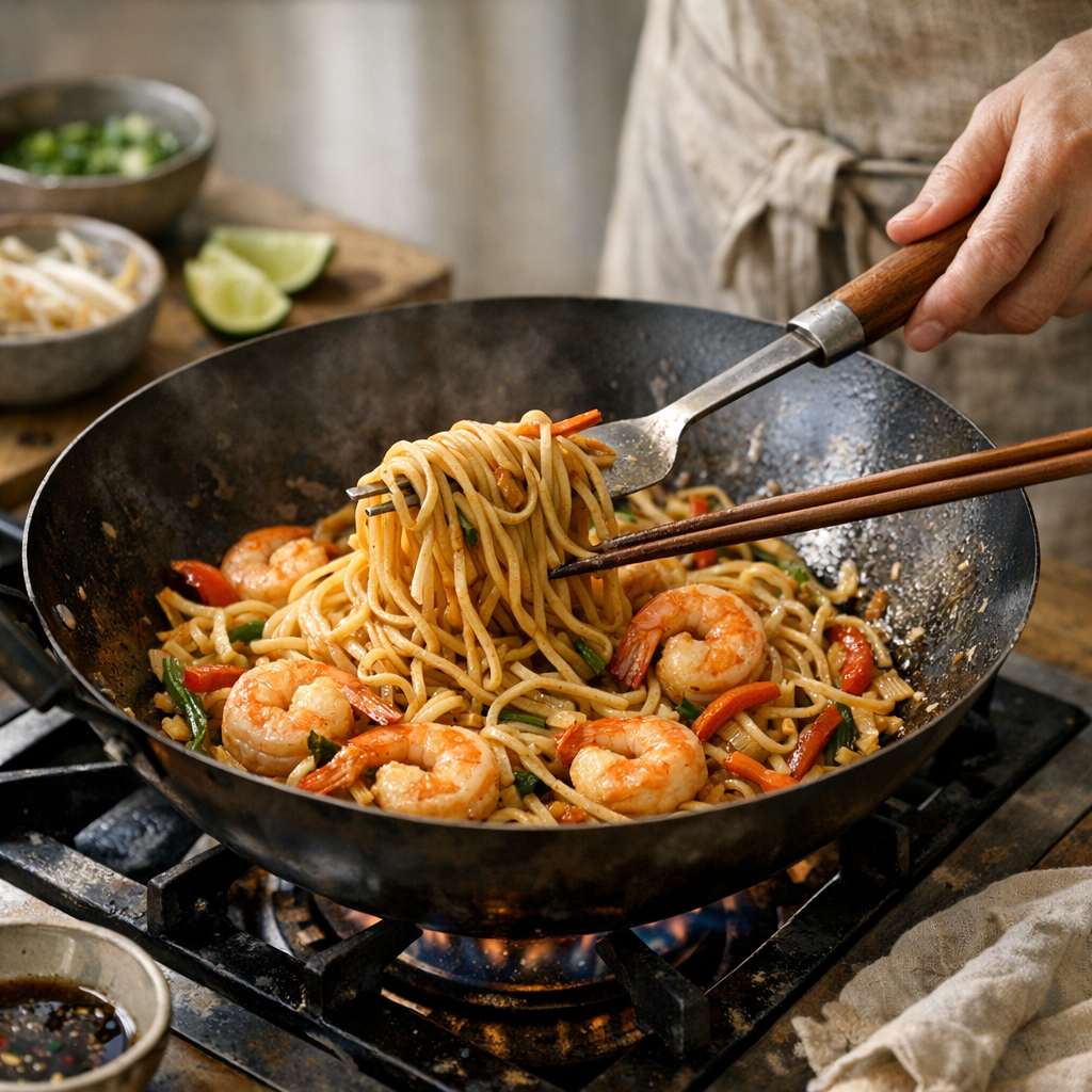 Comment faire des nouilles sautées aux crevettes au wok sans les casser ni les coller