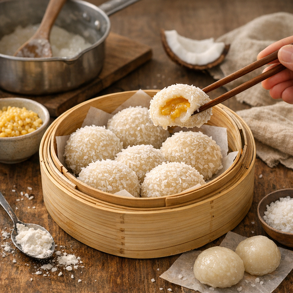 La recette des perles de coco maison, avec la méthode qui garde le cœur moelleux et l’enveloppe souple