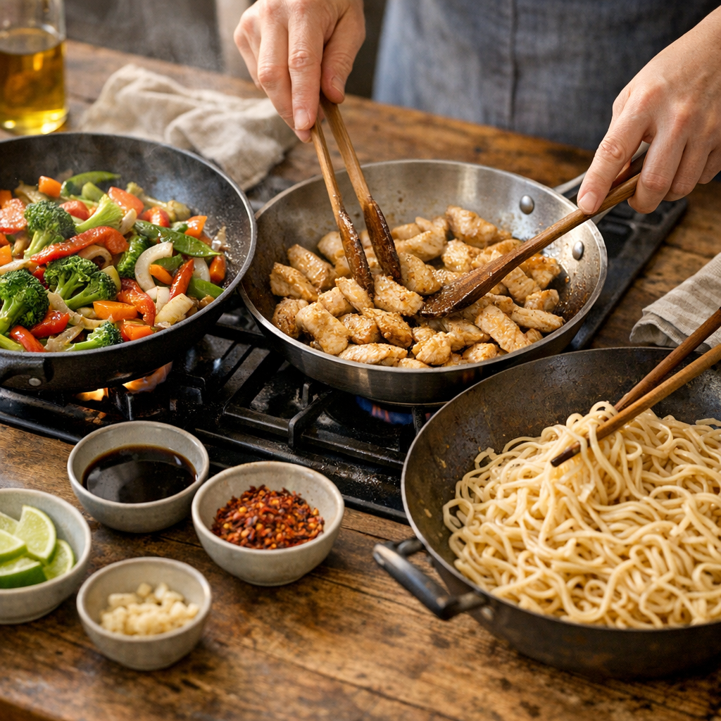 Préparation pas à pas: cuisson des légumes, du poulet et des nouilles sans les casser
