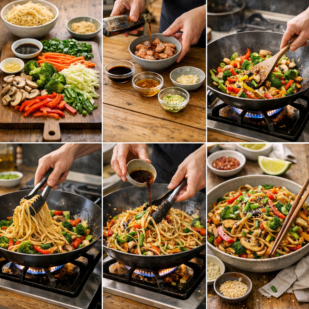 La recette complète des nouilles sautées aux légumes, avec repères visuels de chef à chaque étape
