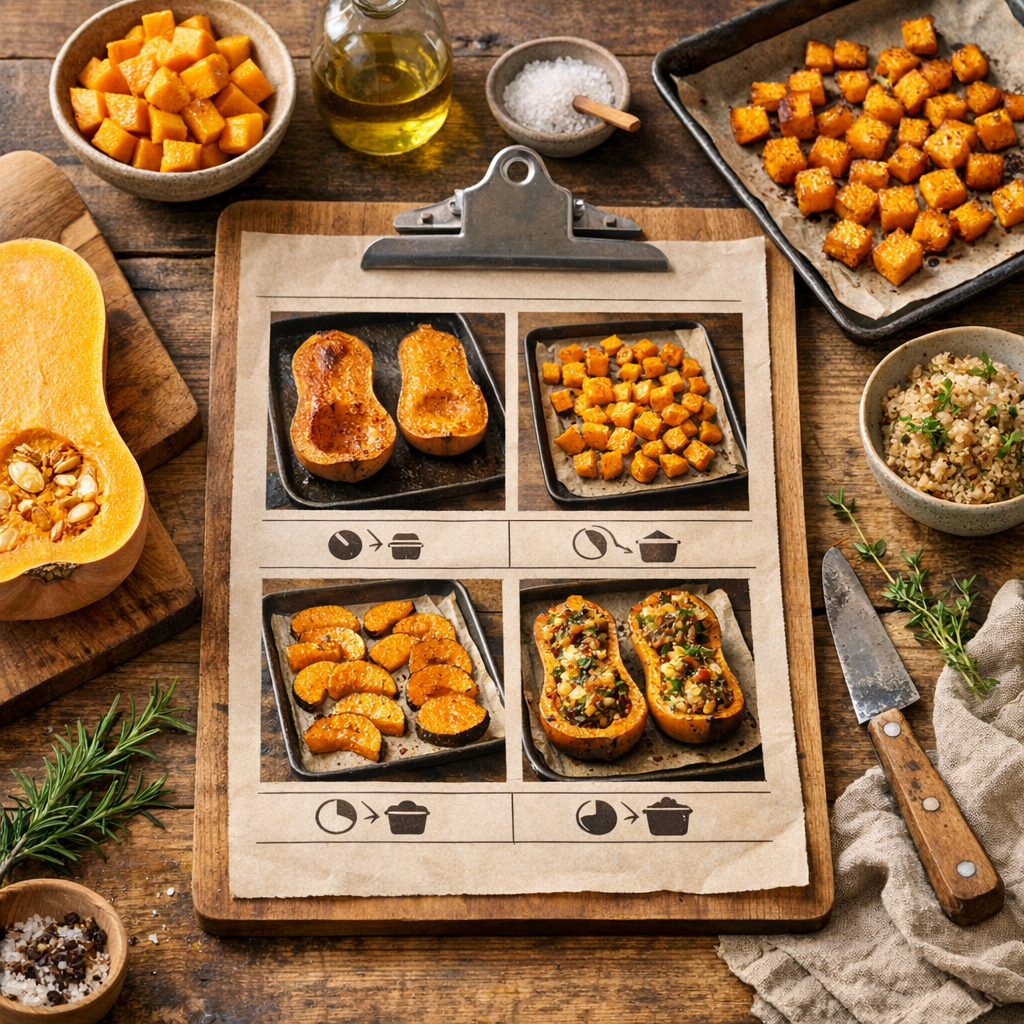 Temps de cuisson butternut au four : tableau selon la découpe, la taille et le résultat voulu