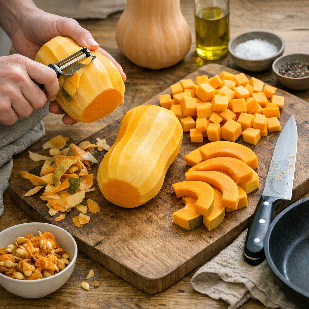 Bien préparer le butternut avant la poêle : épluchage, peau, découpe et gain de temps