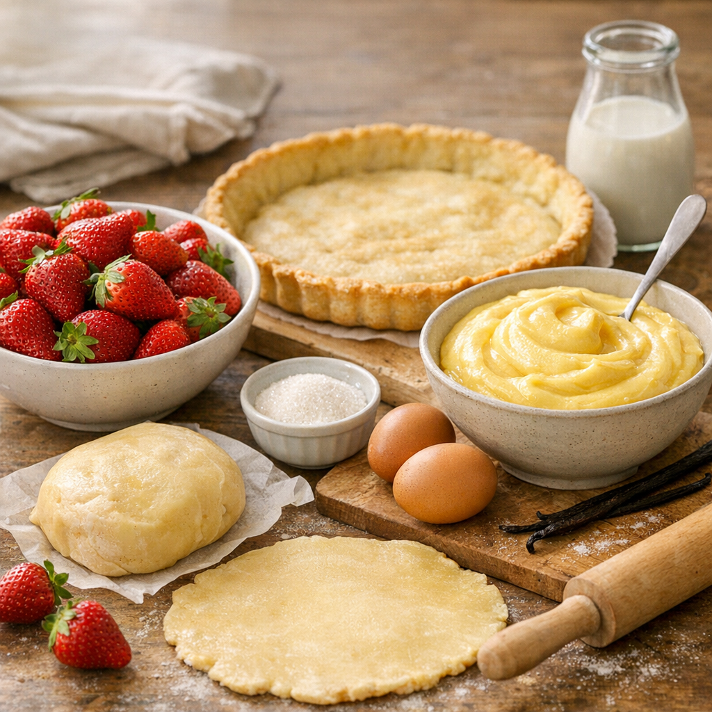 Les bons choix avant de commencer : fraises de saison, pâte adaptée et crème pâtissière qui tient