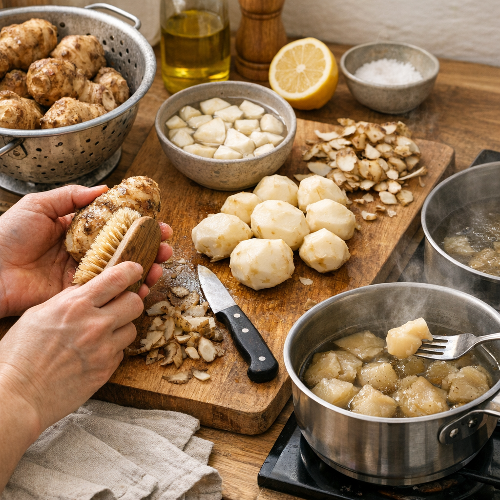 Préparer le topinambour sans s’épuiser : brossage, peau, oxydation et test concret de cuisson