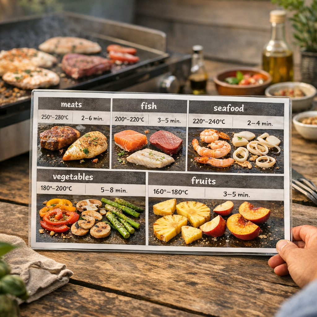 Le tableau propriétaire des températures et temps de cuisson à la plancha pour viande, poisson, fruits de mer, légumes e