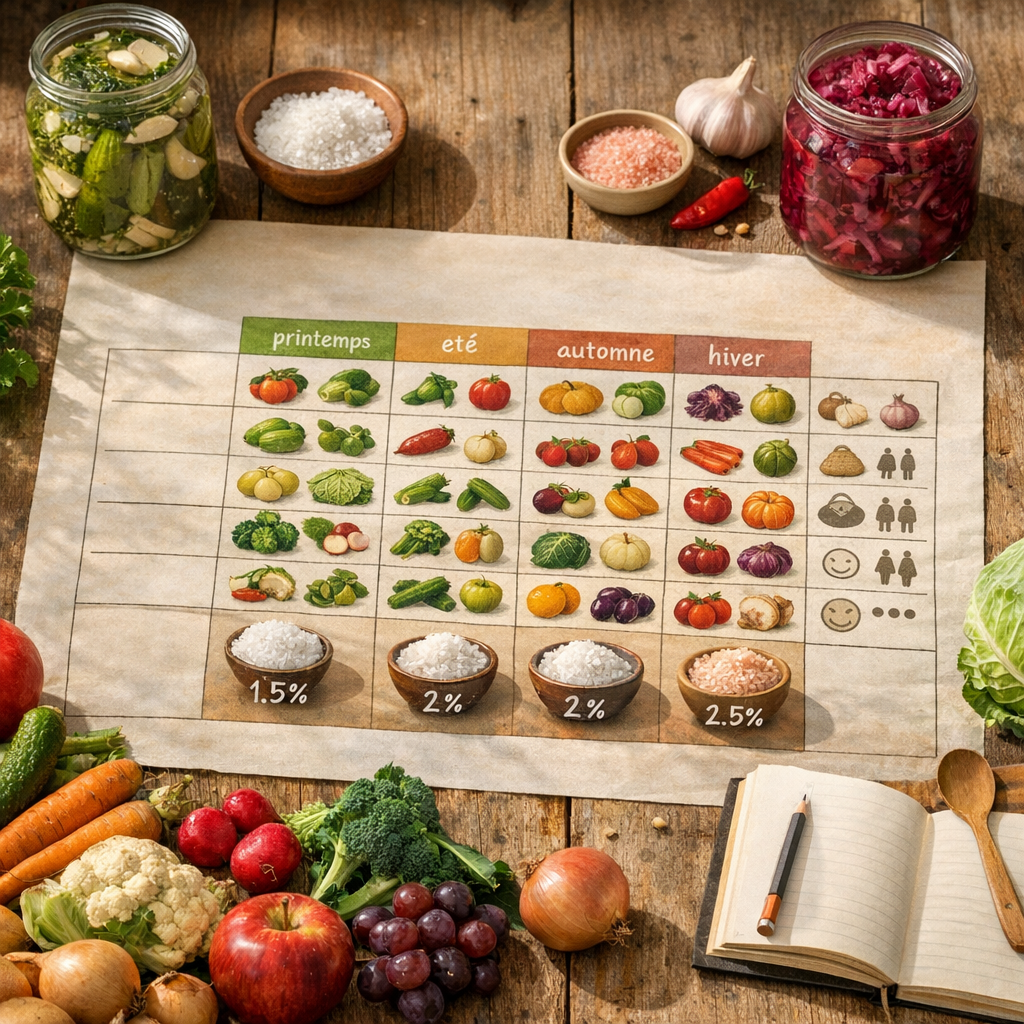 Le grand tableau de saison : quels légumes et fruits lacto-fermenter, quand, avec quel taux de sel et quel niveau de dif