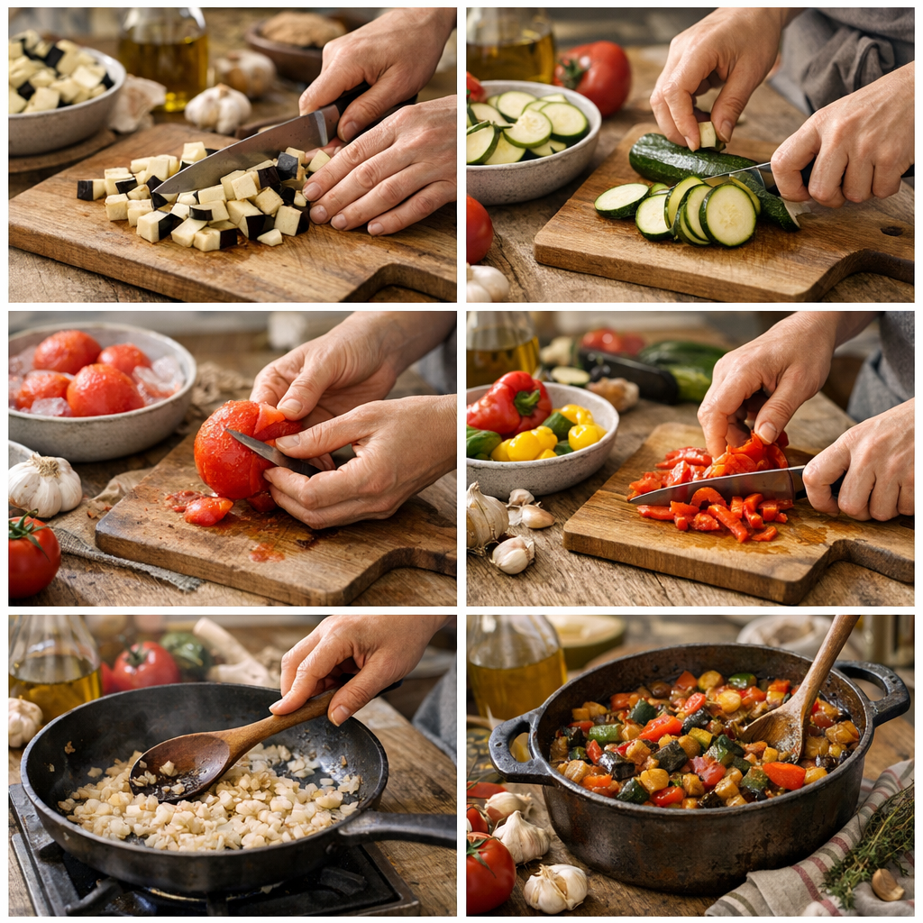Recette de la ratatouille niçoise traditionnelle, étape par étape, avec le bon geste pour chaque légume