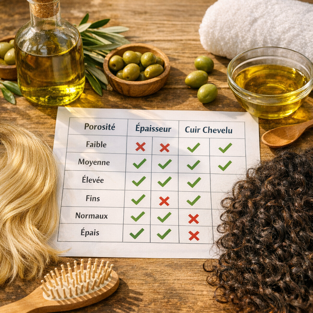 Quel type de cheveux supporte bien l’huile d’olive ? Le tableau utile par porosité, épaisseur et cuir chevelu