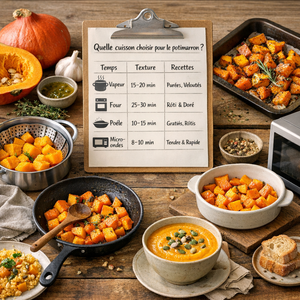 Quelle cuisson choisir pour le potimarron ? Le tableau simple pour décider selon le temps, la texture et la recette