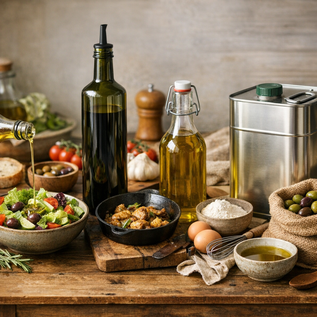 Quelle huile d'olive bio choisir selon l'usage : salade, cuisson, pâtisserie ou grande contenance ?