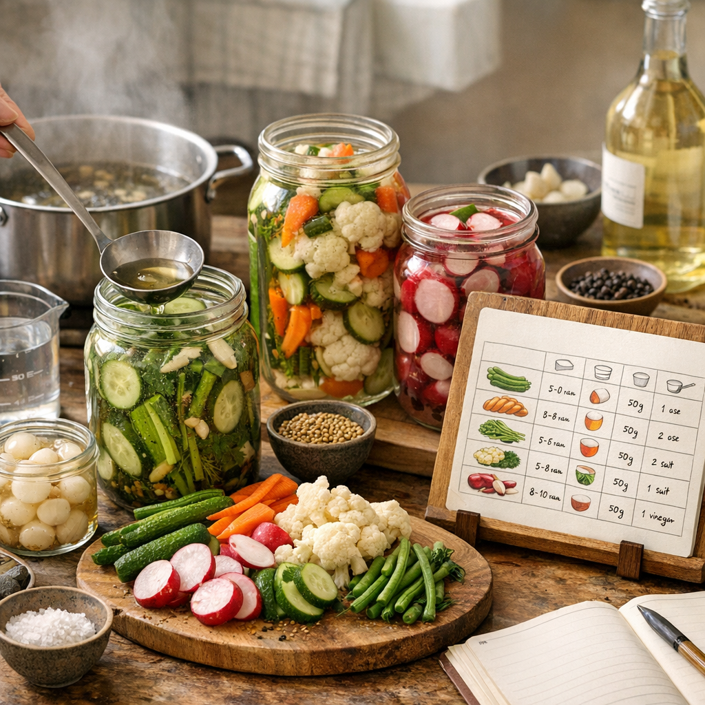 Comment faire des pickles maison : la méthode fiable, les bons ratios et le tableau croquant par légume