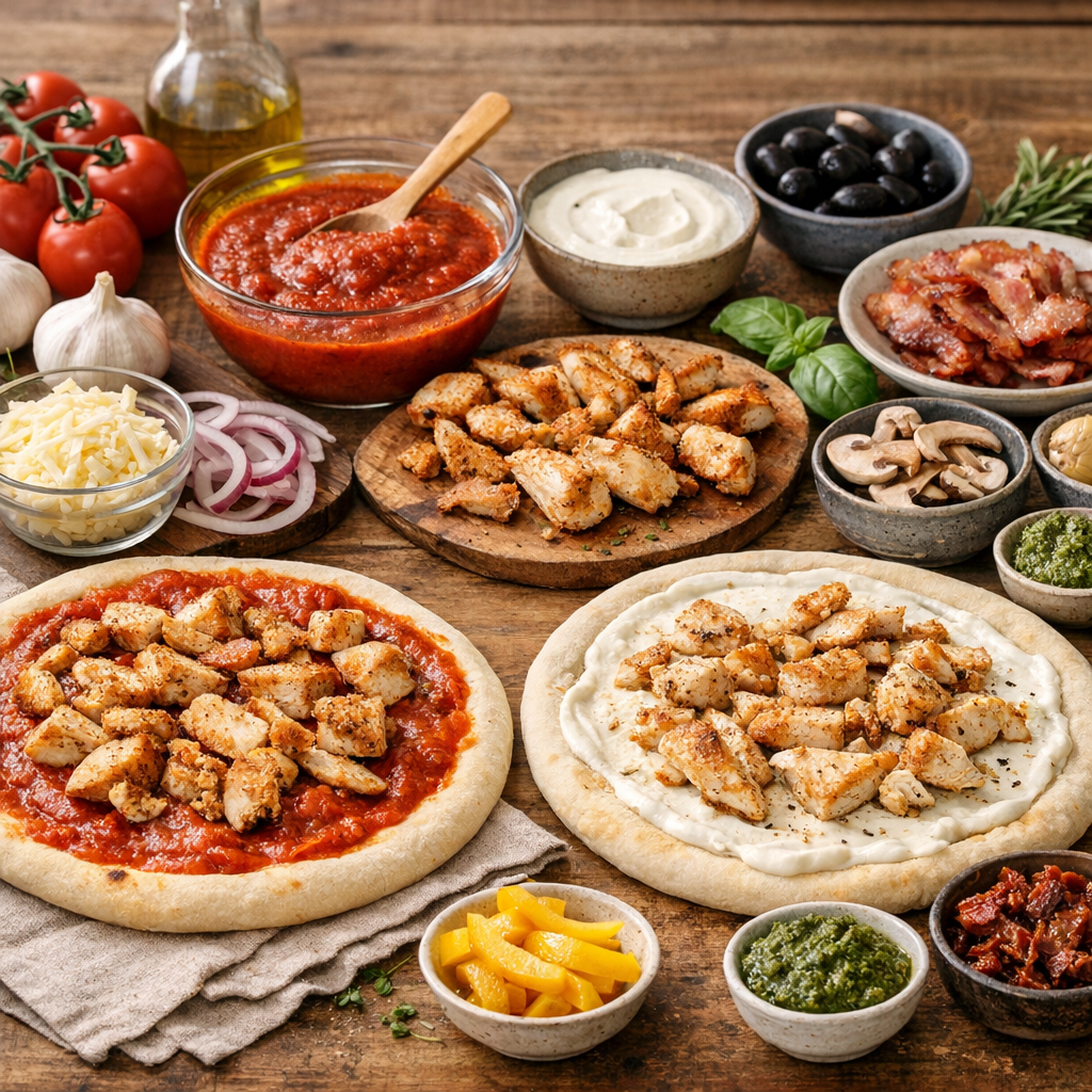 Les ingrédients d’une bonne pizza au poulet : base tomate, base crème et variantes gourmandes