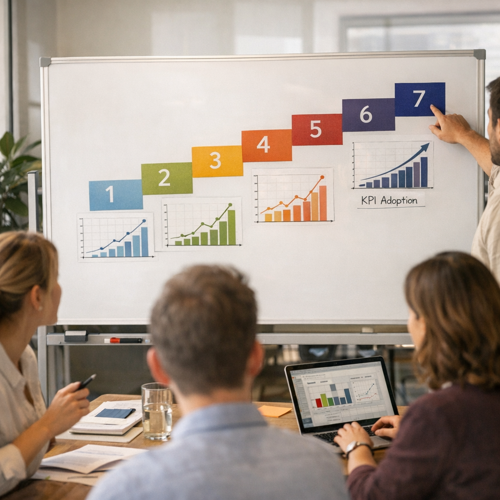 Méthode de conduite du changement : une séquence en 7 étapes avec KPI d’adoption à chaque phase