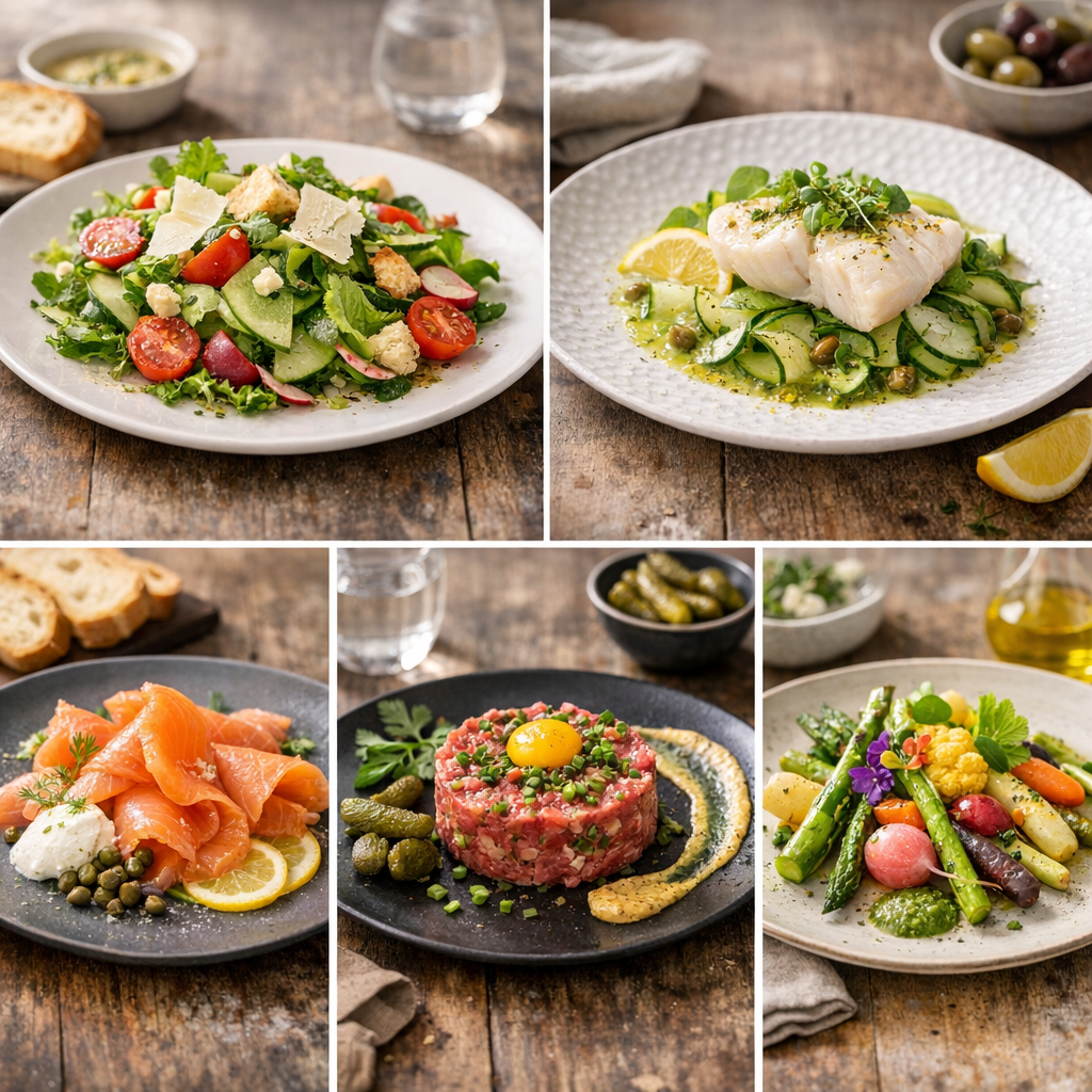 Comment dresser selon le produit: salade, poisson, saumon fumé, tartare et légumes de saison
