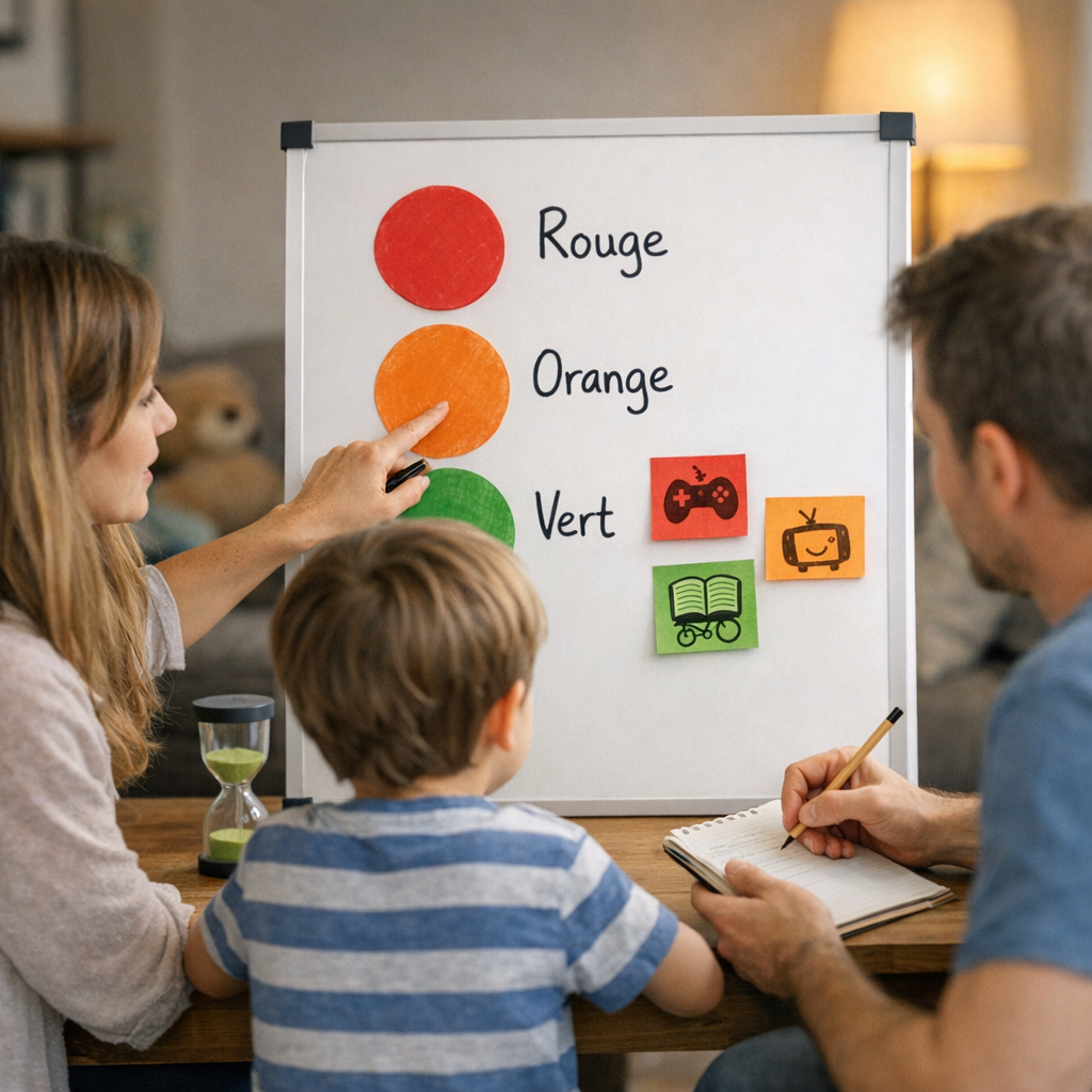 Une méthode simple en famille : décider des moments rouges, orange et verts
