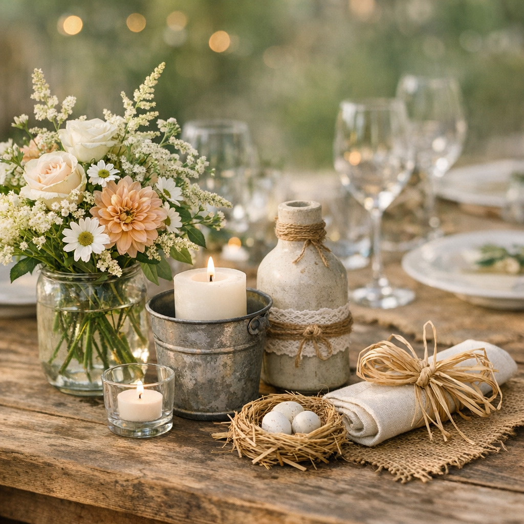 Composer une table cohérente : fleurs, contenants et raphia en trois rôles bien séparés