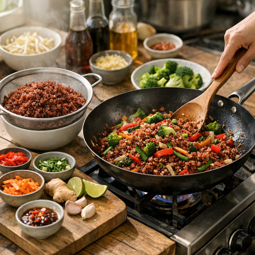 Préparation : comment cuire puis sauter un riz thaï rouge avec des légumes façon thaï
