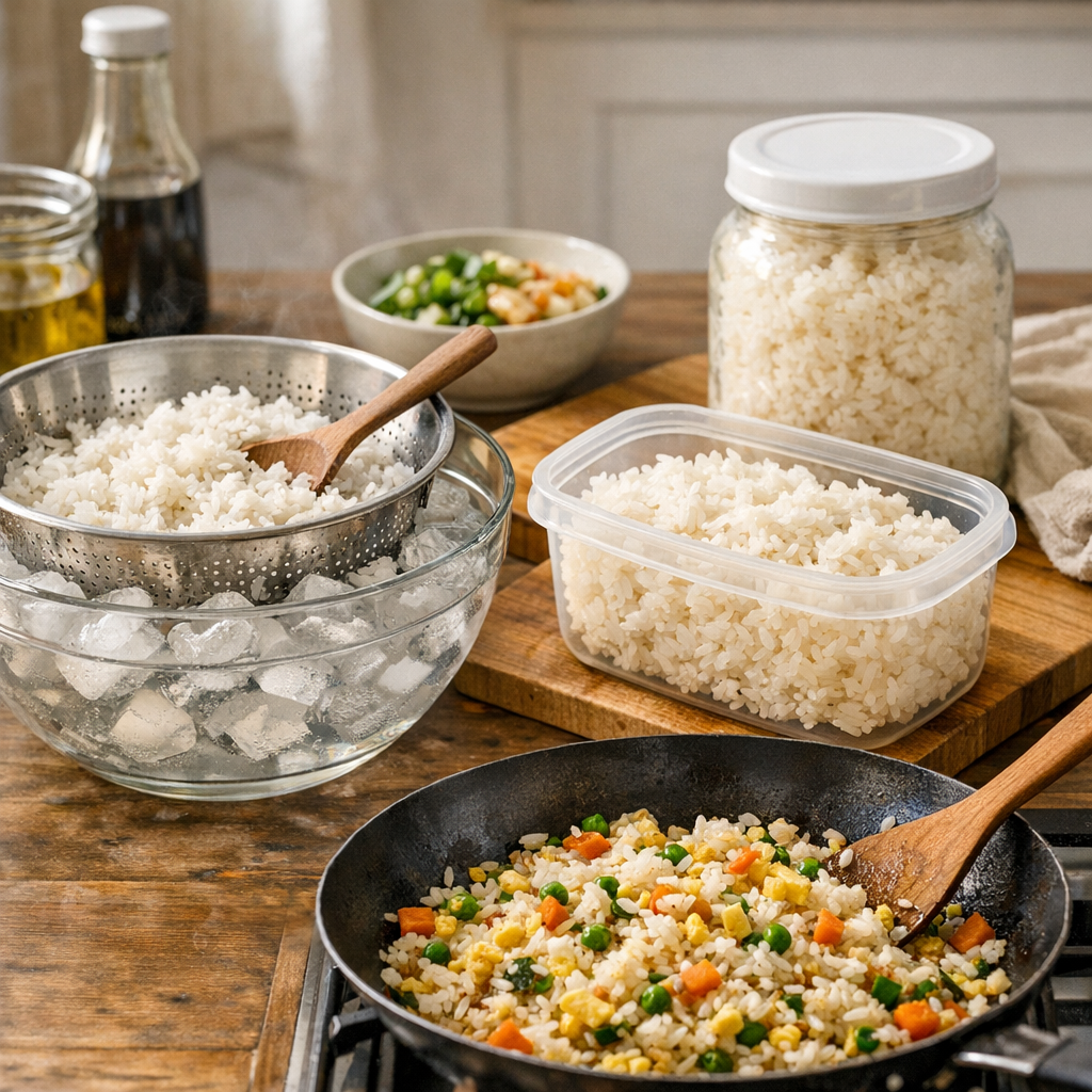 Comment refroidir, conserver puis réutiliser du riz cuit pour un riz frit simple sans dégrader la texture ni prendre de 