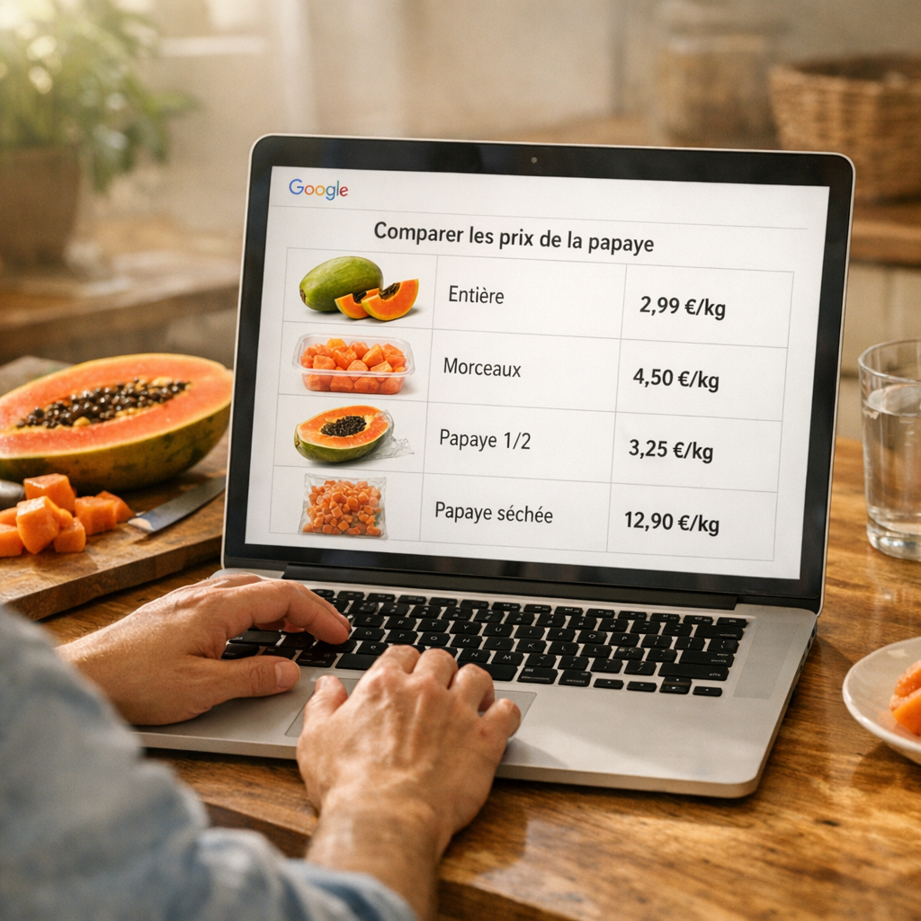 Comparer les prix de la papaye : tableau des formats vus dans les résultats Google