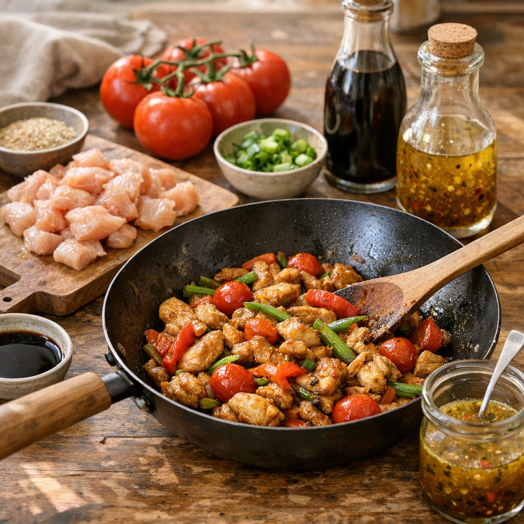 Recettes et usages précis : tomate, poulet, wok, vinaigrette