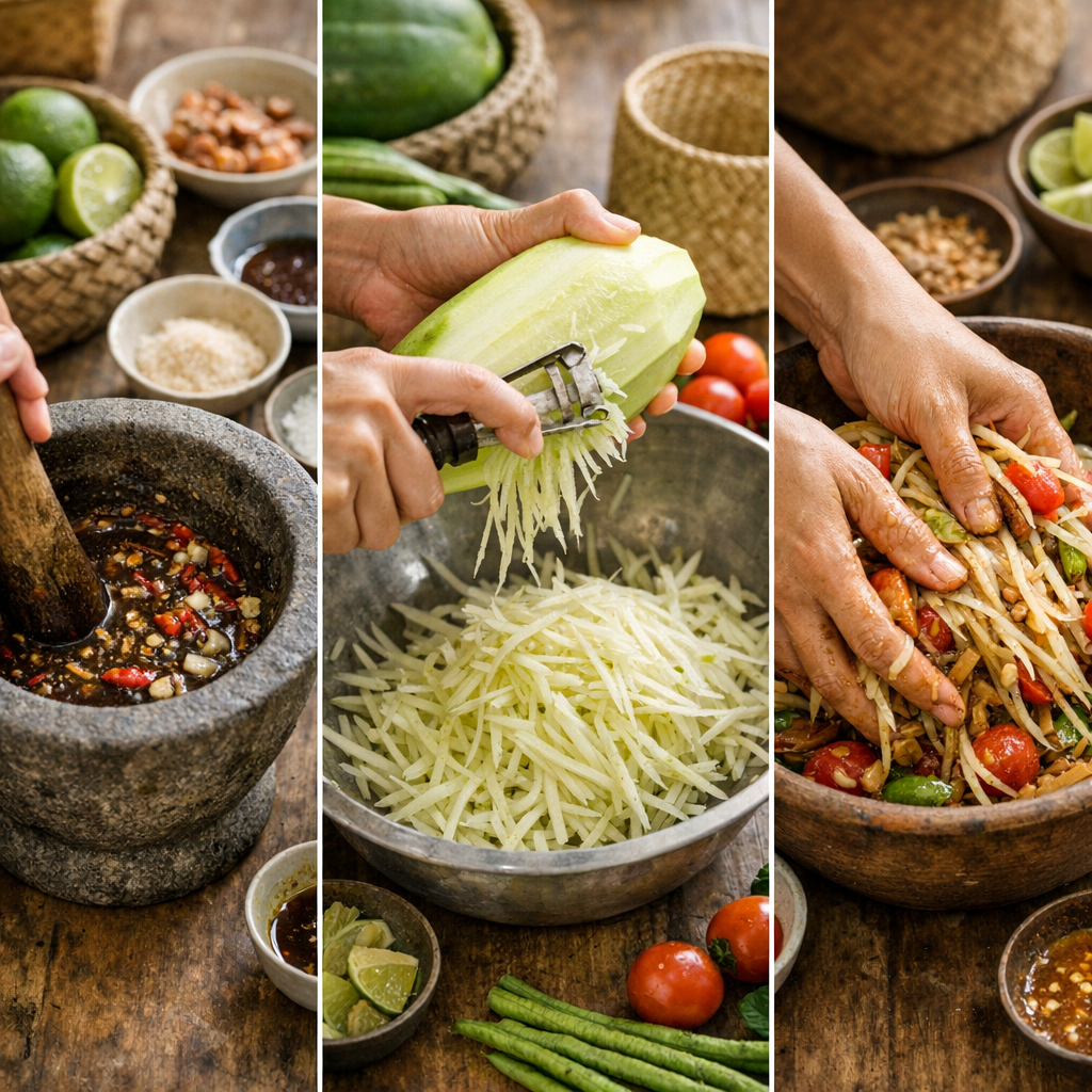 Dans une vraie recette lao : préparer la sauce, râper la papaye, puis mélanger