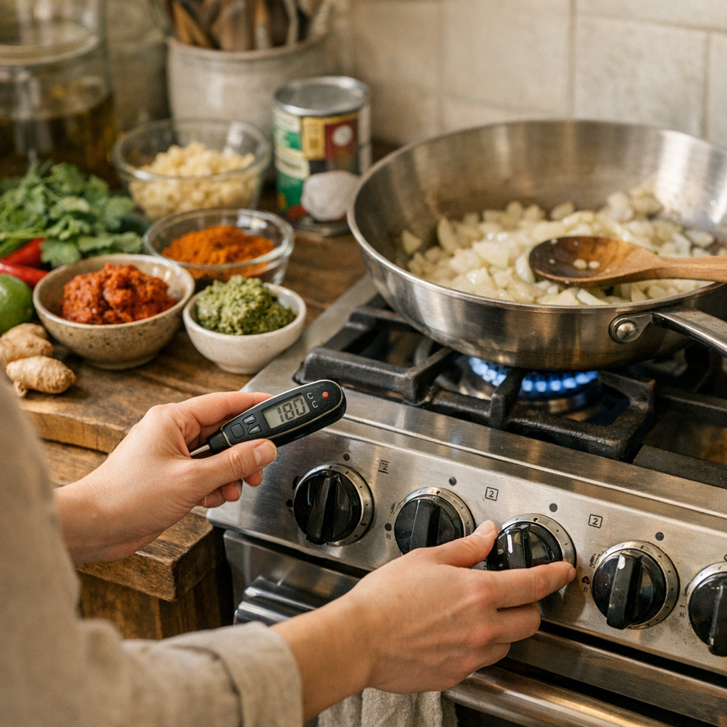 Si je prépare un curry chez moi, quels réglages ou vérifications faire sur mon appareil avant la première cuisson pour é