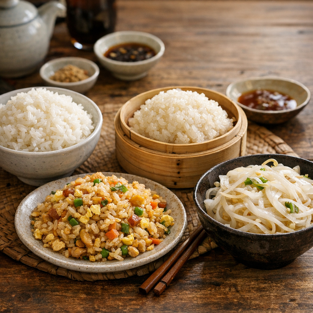 Quel riz choisir selon le plat : bol de riz blanc, riz sauté, riz gluant, nouilles de riz