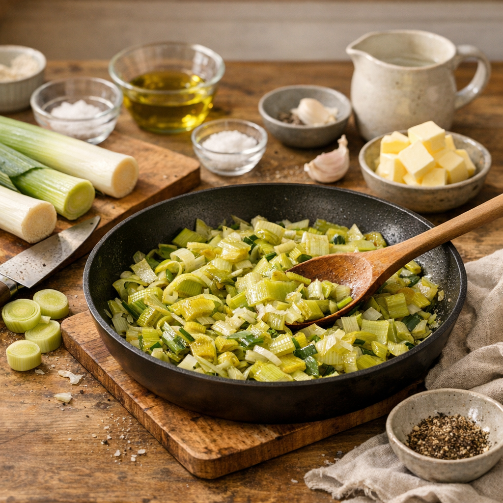 Ingrédients et étapes : une recette de poireaux à la poêle, fondante mais jamais aqueuse
