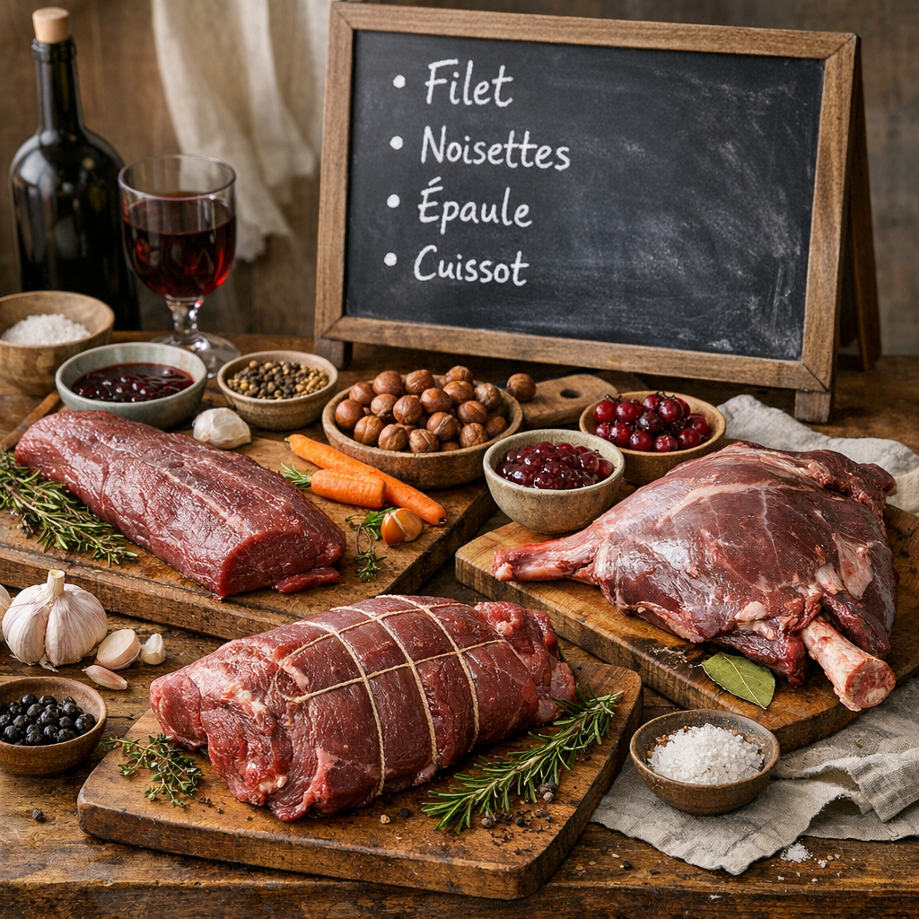 Ingrédients et tableau de choix : filet, noisettes, épaule ou cuissot